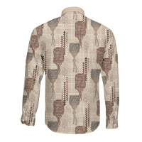 Aloha Hawaii Vintage Kahili Pa'a Lima Long Sleeve Button Shirt Palaka Print Cozy Beige LT7 - Polynesian Pride