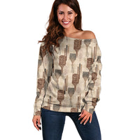 Aloha Hawaii Vintage Kahili Pa'a Lima Off Shoulder Sweater Palaka Print Cozy Beige