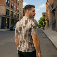 Aloha Hawaii Vintage Kahili Pa'a Lima Zipper Polo Shirt Palaka Print Cozy Beige LT7 - Polynesian Pride