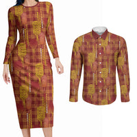 Aloha Hawaii Vintage Kahili Pa'a Lima Couples Matching Long Sleeve Bodycon Dress and Long Sleeve Button Shirt Palaka Print Hilo Royal Red-Yellow