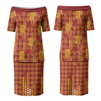Aloha Hawaii Vintage Kahili Pa'a Lima Couples Matching Puletasi and Hawaiian Shirt Palaka Print Hilo Royal Red-Yellow
