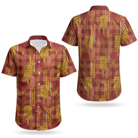 Aloha Hawaii Vintage Kahili Pa'a Lima Couples Matching Short Sleeve Bodycon Dress and Hawaiian Shirt Palaka Print Hilo Royal Red-Yellow LT7 - Polynesian Pride
