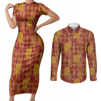 Aloha Hawaii Vintage Kahili Pa'a Lima Couples Matching Short Sleeve Bodycon Dress and Long Sleeve Button Shirt Palaka Print Hilo Royal Red-Yellow LT7 Red - Polynesian Pride