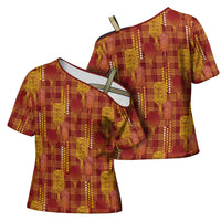 Aloha Hawaii Vintage Kahili Pa'a Lima Cross Shoulder Shirt Palaka Print Hilo Royal Red-Yellow