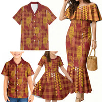 Aloha Hawaii Vintage Kahili Pa'a Lima Family Matching Mermaid Dress and Hawaiian Shirt Palaka Print Hilo Royal Red-Yellow