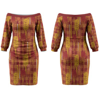 Aloha Hawaii Vintage Kahili Pa'a Lima Family Matching Off The Shoulder Long Sleeve Dress and Hawaiian Shirt Palaka Print Hilo Royal Red-Yellow LT7 Mom's Dress Red - Polynesian Pride