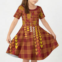 Aloha Hawaii Vintage Kahili Pa'a Lima Kid Short Sleeve Dress Palaka Print Hilo Royal Red-Yellow LT7 KID Red - Polynesian Pride