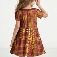 Aloha Hawaii Vintage Kahili Pa'a Lima Kid Short Sleeve Dress Palaka Print Hilo Royal Red-Yellow LT7 - Polynesian Pride