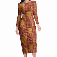 Aloha Hawaii Vintage Kahili Pa'a Lima Long Sleeve Bodycon Dress Palaka Print Hilo Royal Red-Yellow LT7 Long Dress Red - Polynesian Pride
