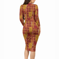 Aloha Hawaii Vintage Kahili Pa'a Lima Long Sleeve Bodycon Dress Palaka Print Hilo Royal Red-Yellow LT7 - Polynesian Pride