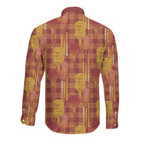 Aloha Hawaii Vintage Kahili Pa'a Lima Long Sleeve Button Shirt Palaka Print Hilo Royal Red-Yellow LT7 - Polynesian Pride