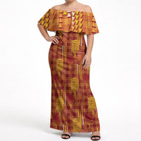 Aloha Hawaii Vintage Kahili Pa'a Lima Off Shoulder Maxi Dress Palaka Print Hilo Royal Red-Yellow LT7 Women Red - Polynesian Pride