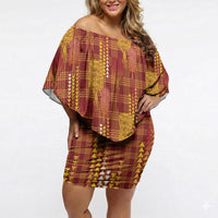 Aloha Hawaii Vintage Kahili Pa'a Lima Off Shoulder Short Dress Palaka Print Hilo Royal Red-Yellow LT7 Women Red - Polynesian Pride