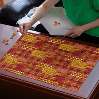 Aloha Hawaii Vintage Kahili Pa'a Lima Puzzle Palaka Print Hilo Royal Red-Yellow