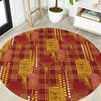 Aloha Hawaii Vintage Kahili Pa'a Lima Round Carpet Palaka Print Hilo Royal Red-Yellow