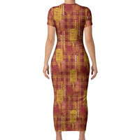 Aloha Hawaii Vintage Kahili Pa'a Lima Short Sleeve Bodycon Dress Palaka Print Hilo Royal Red-Yellow LT7 - Polynesian Pride