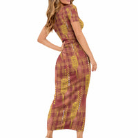 Aloha Hawaii Vintage Kahili Pa'a Lima Short Sleeve Bodycon Dress Palaka Print Hilo Royal Red-Yellow LT7 - Polynesian Pride