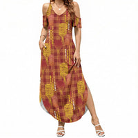 Aloha Hawaii Vintage Kahili Pa'a Lima Summer Maxi Dress Palaka Print Hilo Royal Red-Yellow LT7 Women Red - Polynesian Pride