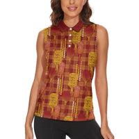 Aloha Hawaii Vintage Kahili Pa'a Lima Women Sleeveless Polo Shirt Palaka Print Hilo Royal Red-Yellow