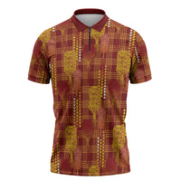 Aloha Hawaii Vintage Kahili Pa'a Lima Zipper Polo Shirt Palaka Print Hilo Royal Red-Yellow LT7 Red - Polynesian Pride