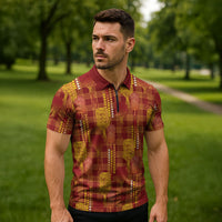 Aloha Hawaii Vintage Kahili Pa'a Lima Zipper Polo Shirt Palaka Print Hilo Royal Red-Yellow LT7 - Polynesian Pride