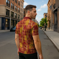 Aloha Hawaii Vintage Kahili Pa'a Lima Zipper Polo Shirt Palaka Print Hilo Royal Red-Yellow LT7 - Polynesian Pride