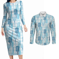 Aloha Hawaii Vintage Kahili Pa'a Lima Couples Matching Long Sleeve Bodycon Dress and Long Sleeve Button Shirt Palaka Print Oceanic Turquoise
