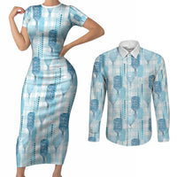 Aloha Hawaii Vintage Kahili Pa'a Lima Couples Matching Short Sleeve Bodycon Dress and Long Sleeve Button Shirt Palaka Print Oceanic Turquoise LT7 Turquoise - Polynesian Pride