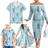 Aloha Hawaii Vintage Kahili Pa'a Lima Family Matching Off The Shoulder Long Sleeve Dress and Hawaiian Shirt Palaka Print Oceanic Turquoise LT7 - Polynesian Pride