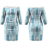Aloha Hawaii Vintage Kahili Pa'a Lima Family Matching Off The Shoulder Long Sleeve Dress and Hawaiian Shirt Palaka Print Oceanic Turquoise LT7 Mom's Dress Turquoise - Polynesian Pride