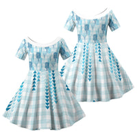 Aloha Hawaii Vintage Kahili Pa'a Lima Family Matching Off The Shoulder Long Sleeve Dress and Hawaiian Shirt Palaka Print Oceanic Turquoise LT7 Daughter's Dress Turquoise - Polynesian Pride