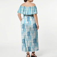 Aloha Hawaii Vintage Kahili Pa'a Lima Off Shoulder Maxi Dress Palaka Print Oceanic Turquoise LT7 - Polynesian Pride