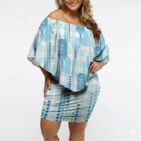 Aloha Hawaii Vintage Kahili Pa'a Lima Off Shoulder Short Dress Palaka Print Oceanic Turquoise LT7 Women Turquoise - Polynesian Pride