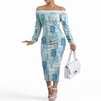 Aloha Hawaii Vintage Kahili Pa'a Lima Off The Shoulder Long Sleeve Dress Palaka Print Oceanic Turquoise LT7 Women Turquoise - Polynesian Pride