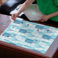 Aloha Hawaii Vintage Kahili Pa'a Lima Puzzle Palaka Print Oceanic Turquoise