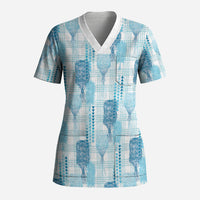 Aloha Hawaii Vintage Kahili Pa'a Lima Scrub Top Palaka Print Oceanic Turquoise