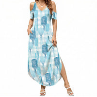 Aloha Hawaii Vintage Kahili Pa'a Lima Summer Maxi Dress Palaka Print Oceanic Turquoise LT7 Women Turquoise - Polynesian Pride