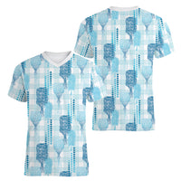 Aloha Hawaii Vintage Kahili Pa'a Lima Women V-Neck T-Shirt Palaka Print Oceanic Turquoise