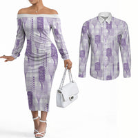 Aloha Hawaii Vintage Kahili Pa'a Lima Couples Matching Off The Shoulder Long Sleeve Dress and Long Sleeve Button Shirt Palaka Print Pastel Lavender