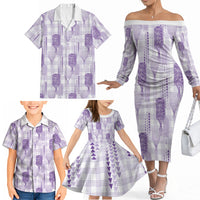 Aloha Hawaii Vintage Kahili Pa'a Lima Family Matching Off The Shoulder Long Sleeve Dress and Hawaiian Shirt Palaka Print Pastel Lavender LT7 - Polynesian Pride