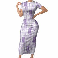 Aloha Hawaii Vintage Kahili Pa'a Lima Short Sleeve Bodycon Dress Palaka Print Pastel Lavender LT7 Long Dress Lavender - Polynesian Pride