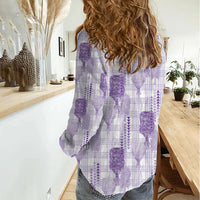 Aloha Hawaii Vintage Kahili Pa'a Lima Women Casual Shirt Palaka Print Pastel Lavender