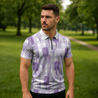 Aloha Hawaii Vintage Kahili Pa'a Lima Zipper Polo Shirt Palaka Print Pastel Lavender LT7 - Polynesian Pride