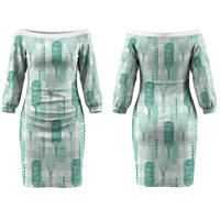 Aloha Hawaii Vintage Kahili Pa'a Lima Couples Matching Off The Shoulder Long Sleeve Dress and Long Sleeve Button Shirt Palaka Print Mossy Teal
