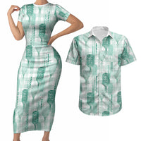 Aloha Hawaii Vintage Kahili Pa'a Lima Couples Matching Short Sleeve Bodycon Dress and Hawaiian Shirt Palaka Print Mossy Teal LT7 Mossy Teal - Polynesian Pride