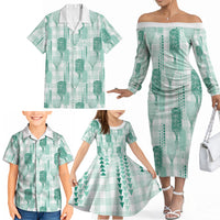 Aloha Hawaii Vintage Kahili Pa'a Lima Family Matching Off The Shoulder Long Sleeve Dress and Hawaiian Shirt Palaka Print Mossy Teal LT7 - Polynesian Pride