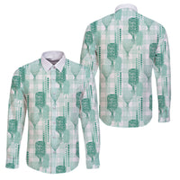 Aloha Hawaii Vintage Kahili Pa'a Lima Family Matching Off The Shoulder Long Sleeve Dress and Hawaiian Shirt Palaka Print Mossy Teal LT7 Dad's Shirt - Long Sleeve Mossy Teal - Polynesian Pride