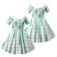 Aloha Hawaii Vintage Kahili Pa'a Lima Family Matching Off The Shoulder Long Sleeve Dress and Hawaiian Shirt Palaka Print Mossy Teal LT7 Daughter's Dress Mossy Teal - Polynesian Pride