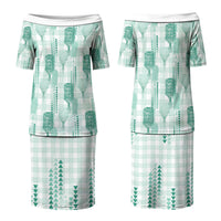 Aloha Hawaii Vintage Kahili Pa'a Lima Family Matching Puletasi and Hawaiian Shirt Palaka Print Mossy Teal