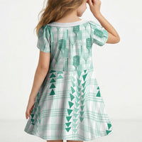 Aloha Hawaii Vintage Kahili Pa'a Lima Kid Short Sleeve Dress Palaka Print Mossy Teal LT7 - Polynesian Pride